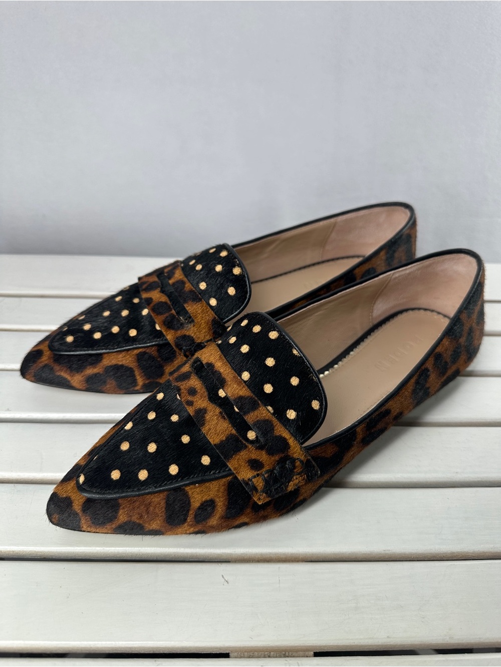Boden Womens Pointed Loafers Leopard Calf Hair Polka Dot Size 7 US 38